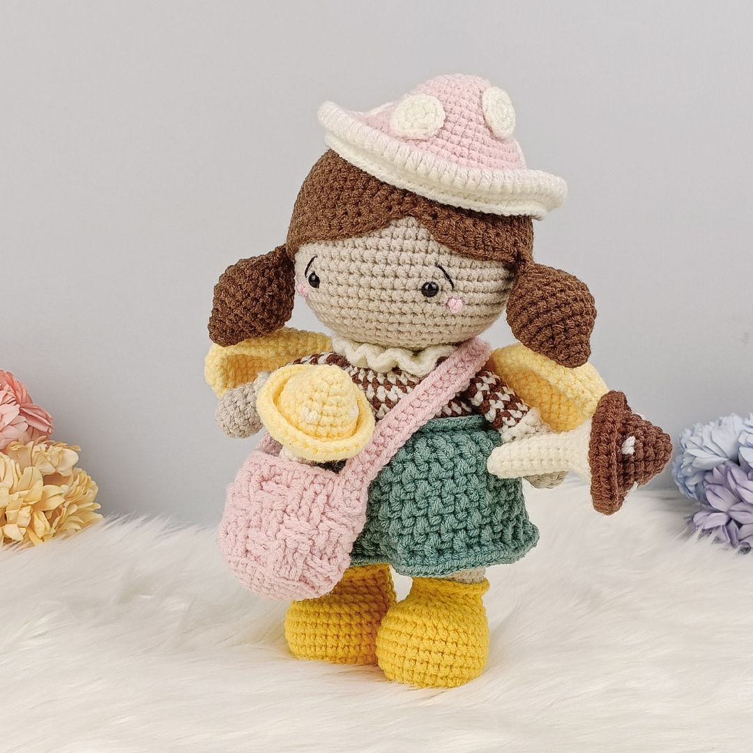 Handmade mushroom doll with pink bag and hat