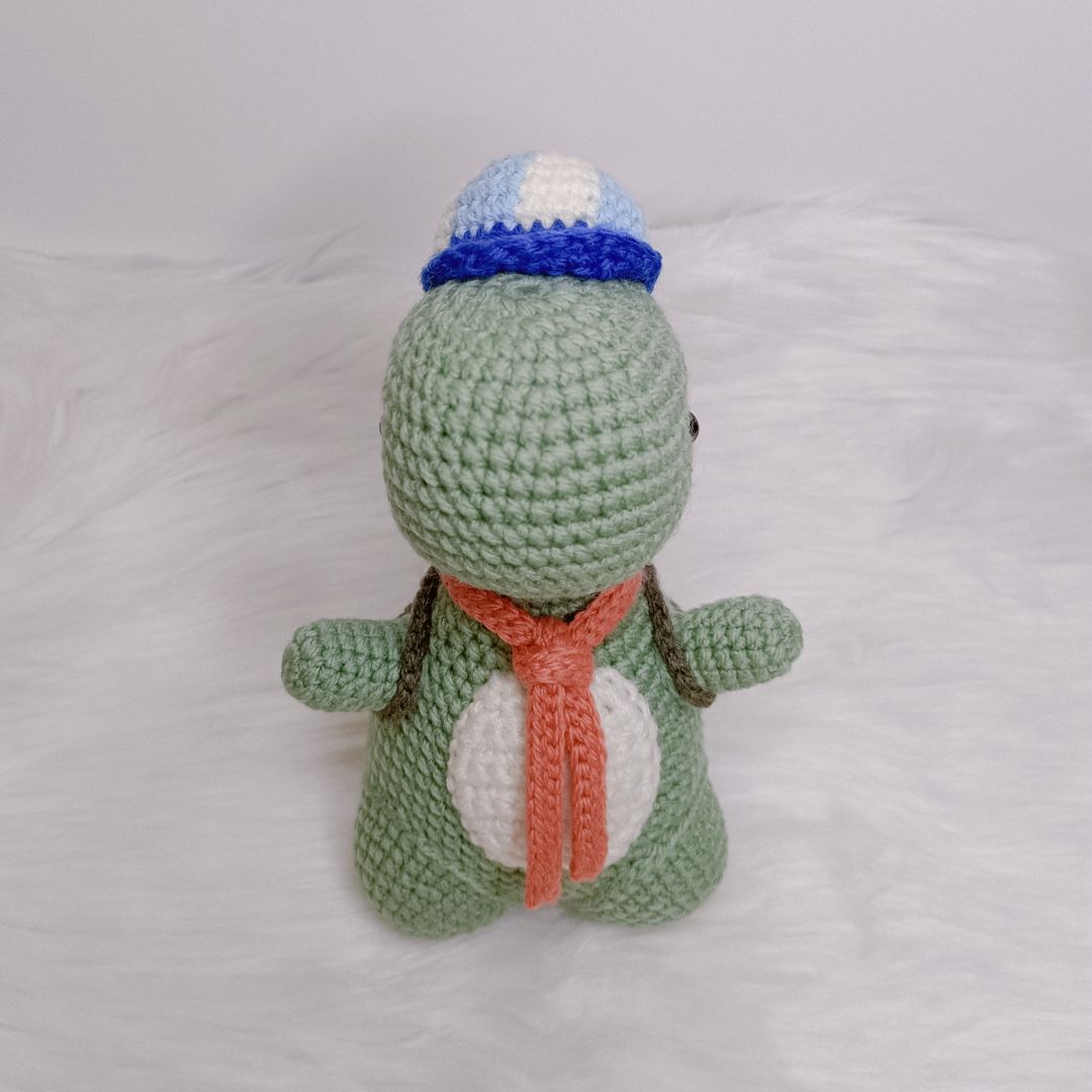 Crochet cute T-rex Dinosaur going to school.