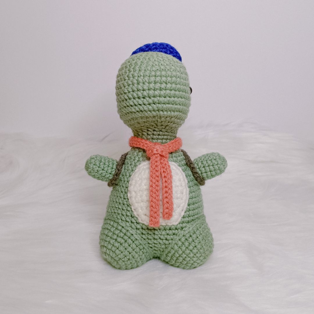 Crochet cute T-rex Dinosaur going to school.