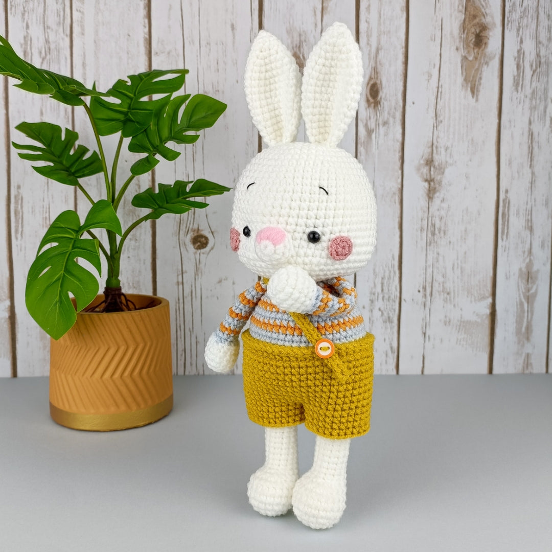 Crochet Bunny soft toy wearing cute romper